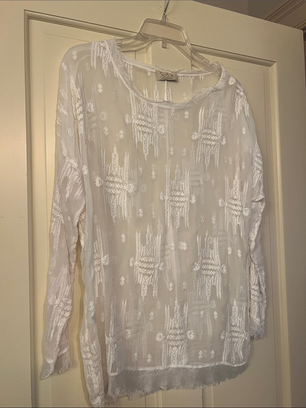 Sofia Silk White Embroidered Sheer Long-Sleeve Top S